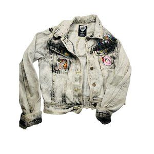 Forever 21 Laser Kitten Acid Wash Light Gray Denim Jacket Size Small Y2K-